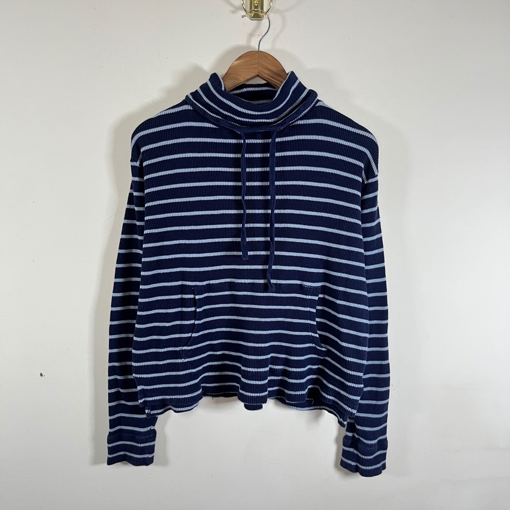 Pact Organic Cotton Blue Striped Waffle Knit Cowl Neck Sweater Womens Medium